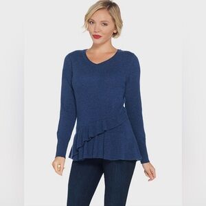 Isaac Mizrahi 100% Cashmere Ruffle Peplum Pullover Blue Sweater Size Medium
